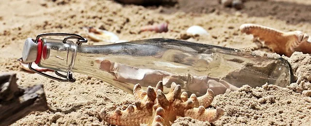 Glass bottle with red cork lying on sandy beach with rocks and shells